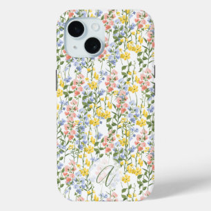 Funda Para iPhone 15 Amarillo Verano Melocotón Flor Silvestre Monograma