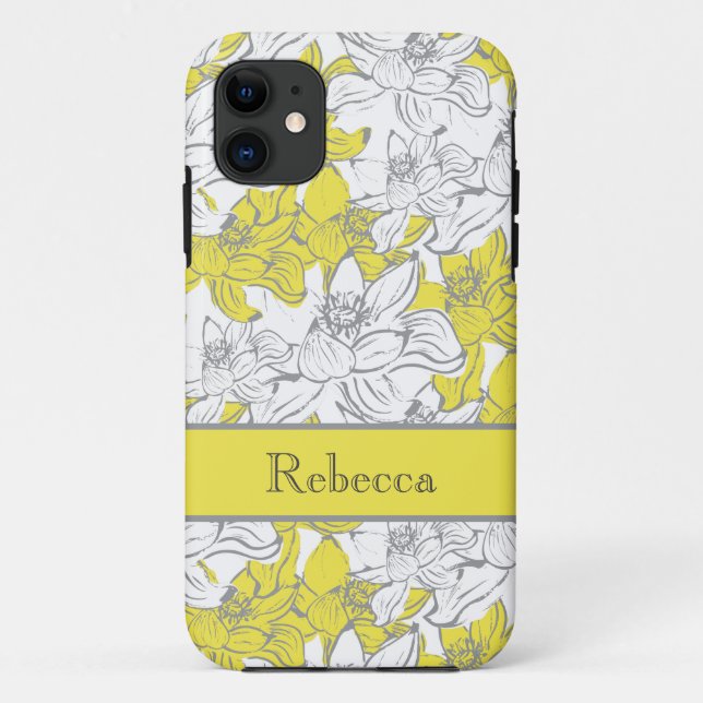 Funda De Case-Mate Para iPhone Amarillo y gris floreado con monograma  (Reverso)