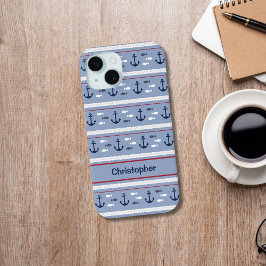 Funda Para iPhone 15 Anchores náuticos blancos y azules personalizados