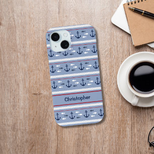Funda Para iPhone 15 Anchores náuticos blancos y azules personalizados