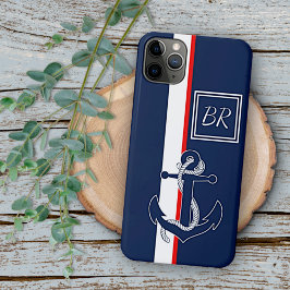 Funda Para iPhone 11 Pro Max Ancla Azul Personalizada con Rayas Rojas y Blancas