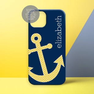 Funda Para iPhone 15 Ancla náutica con patrón de cheurón amarillo de la