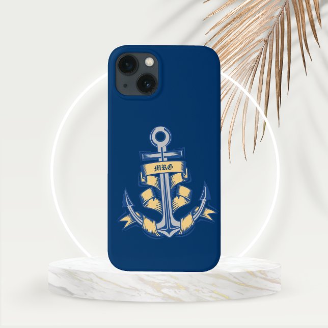 Funda De Case-Mate Para iPhone Ancla personalizada con cinta en azul (Personalized Ribbon Anchor on an Azure Background Nautical Theme Phone Case)