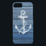 Funda Para iPhone 8/7 Ancla y madera blancas del azul del vintage<br><div class="desc">Un ancla y un vintage blancos se descoloraron los paneles de madera azules. Un diseño popular en el fondo de madera de la textura. El regalo único perfecto para cada ocasión</div>
