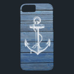 Funda Para iPhone 8/7 Ancla y madera blancas del azul del vintage<br><div class="desc">Un ancla y un vintage blancos se descoloraron los paneles de madera azules. Un diseño popular en el fondo de madera de la textura. El regalo único perfecto para cada ocasión</div>