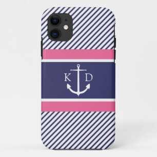 Funda Para iPhone 11 Ancla y rayas y &Pink náuticos de la marina de