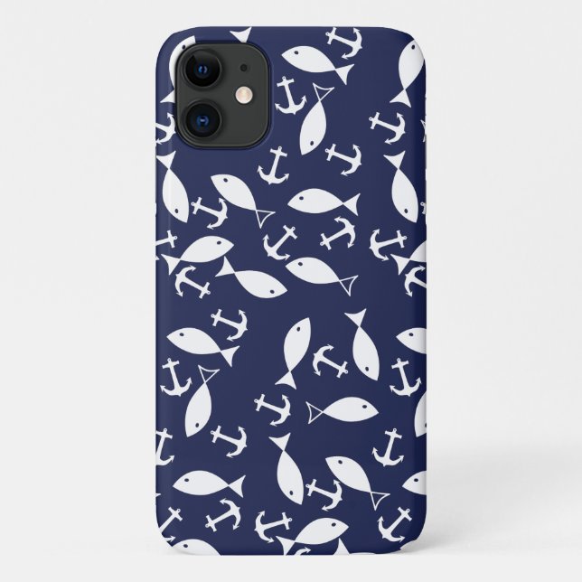 Funda De Case-Mate Para iPhone Anclaje blanco fondo azul Capitán Pescado marino (Reverso)