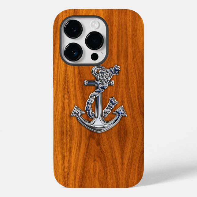 Funda De Case-Mate Para iPhone Anclaje cromado nautico en la impresión de madera  (Reverso )