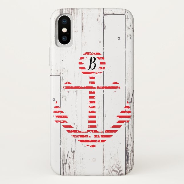 Funda De Case-Mate Para iPhone Anclaje Náutico Tiras Rojas Madera Blanca (Reverso)