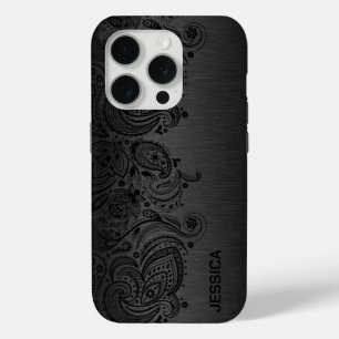Funda Para iPhone 15 Pro Anclaje negro de encaje Gris fondo metálico