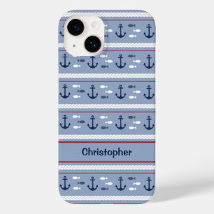 Funda Para iPhone 14 De Case-Mate Anclas Náuticas Azules y Blancas Personalizadas