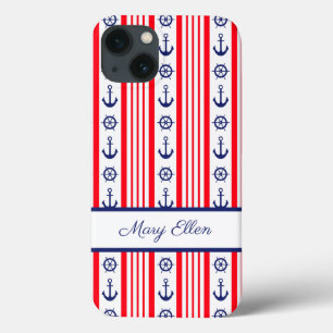 Funda Para iPhone 13 Anclas Náuticas Rojas Blancas y Azules Personaliza