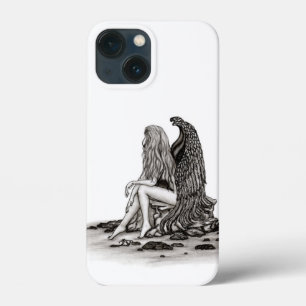 Funda Para iPhone 13 Mini Ángel, perdido en el pensamiento, diseño blanco y
