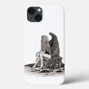 Funda Para iPhone 13 Ángel, perdido en el pensamiento, diseño blanco y 