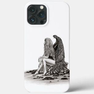 Funda Para iPhone 13 Pro Max Ángel, perdido en el pensamiento, diseño blanco y 
