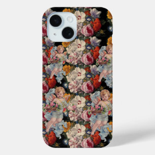 FUNDA PARA iPhone 15 ÁNGEL ROMÁNTICO RECOGIENDO ROSAS Y FLORES ROSADAS