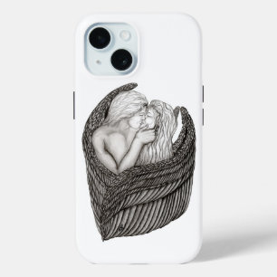 Funda Para iPhone 15 Angels Kissing , diseño en blanco y negro