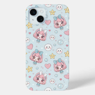 Funda Para iPhone 15 Mini Anime Kawaii in Pastel Colors with Hearts and Star