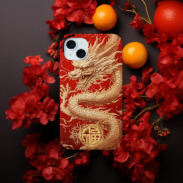 Funda Para iPhone 15 Mini Año Rojo y Oro del emblema del poder del dragón