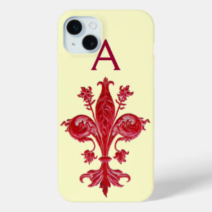 Funda Para iPhone 15 Mini ANTIGUA FLORENTINE RED LILY,FLEUR DE LIS, Monogram