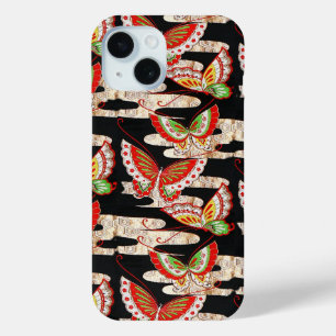 Funda Para iPhone 15 ANTIGUAS MARIPOSAS JAPONESAS LLAMADAS Negras