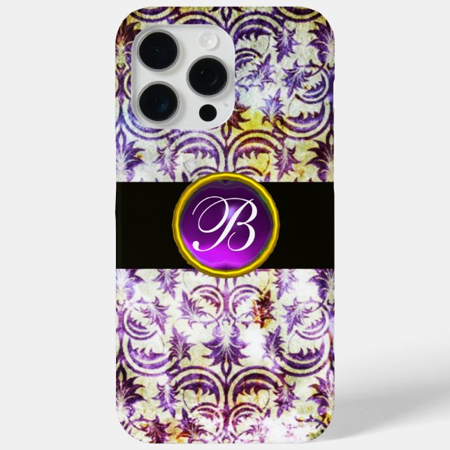 Funda De Case-Mate Para iPhone ANTIQUE DAMASK morado antimetismo Monograma negro (Reverso )