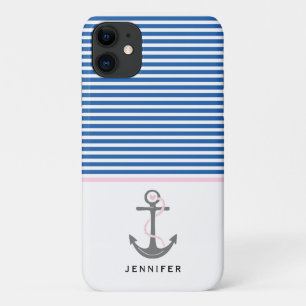 Funda Para iPhone 11 Anuncio gris y franjas azules blancas rosadas náut