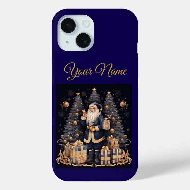 Funda De Case-Mate Para iPhone Apple IPhone Case 15-Navy Blue & Gold Xmas (Reverso )