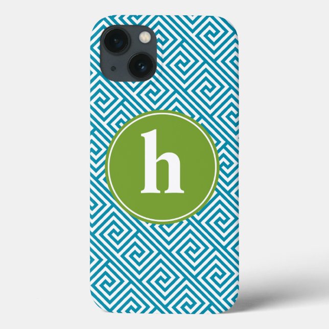 Funda De Case-Mate Para iPhone Aqua and Green Greek Key Pattern Monogram (Reverso)