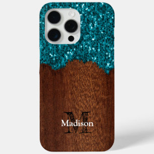 Funda Para iPhone 15 Pro Max Aqua azul brillante madera marrón rústica Monogram