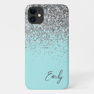 Funda Para iPhone 11 Aqua Azul Femenino Glitter Monograma Plateada