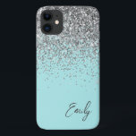 Funda Para iPhone 11 Aqua Azul Glitter Monograma Femenina<br><div class="desc">Monograma de Nombre e Inicial de Metal Cepillado con Brillo y Destellos Falsos y Glitter que Gotea Aqua Azul Plateado. Esto hace el regalo perfecto para cumpleaños dulces 16, boda, despedida de soltera, aniversario, baby shower o fiesta de soltera para alguien que ama el lujo glamoroso y los estilos chic....</div>