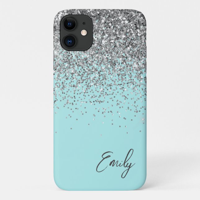 Funda De Case-Mate Para iPhone Aqua Azul Glitter Monograma Femenina (Reverso)