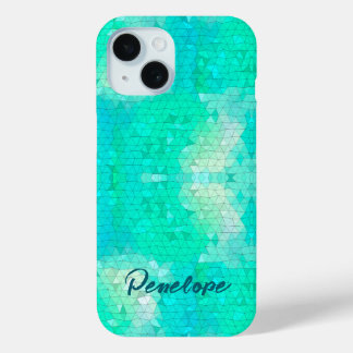 Funda Para iPhone 15 Aqua Blue Sirena Piel Patrón de Mosaico con Nombre