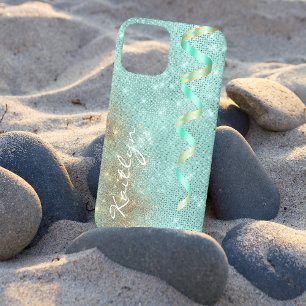 Funda Para iPhone 12 Aqua Blue Sparkle Ribbon Glam