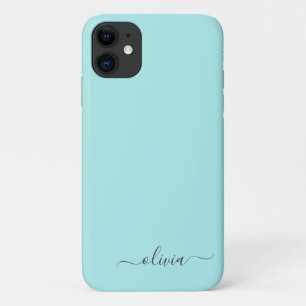 Funda Para iPhone 11 Aqua Blue Verde azulada Girly Script Monograma Nom