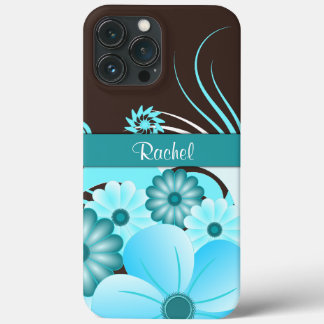 Funda Para iPhone 13 Pro Max Aqua Blue Verde azulado & Chocolate Brown Hibiscus