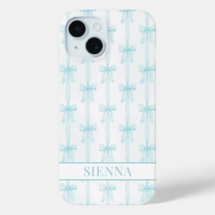 Funda Para iPhone 15 Aqua Coquette Lazos Rayado Monogramado