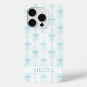 Funda Para iPhone 15 Pro Aqua Coquette Lazos Rayado Monogramado