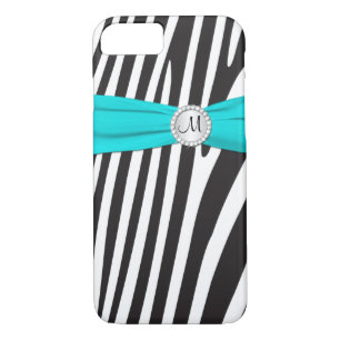 Funda Para iPhone 8/7 Aqua monogramada, negro, rayado de cebra blanca