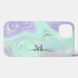 Funda Para iPhone 13 Aqua Purple Crystal Marble Agato irlandés