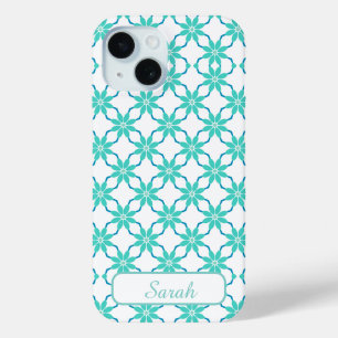 Funda Para iPhone 15 Aqua y Verde Geométrico Floral Nombre Personalizad