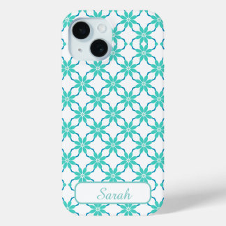 Funda Para iPhone 15 Aqua y Verde Geométrico Floral Nombre Personalizad