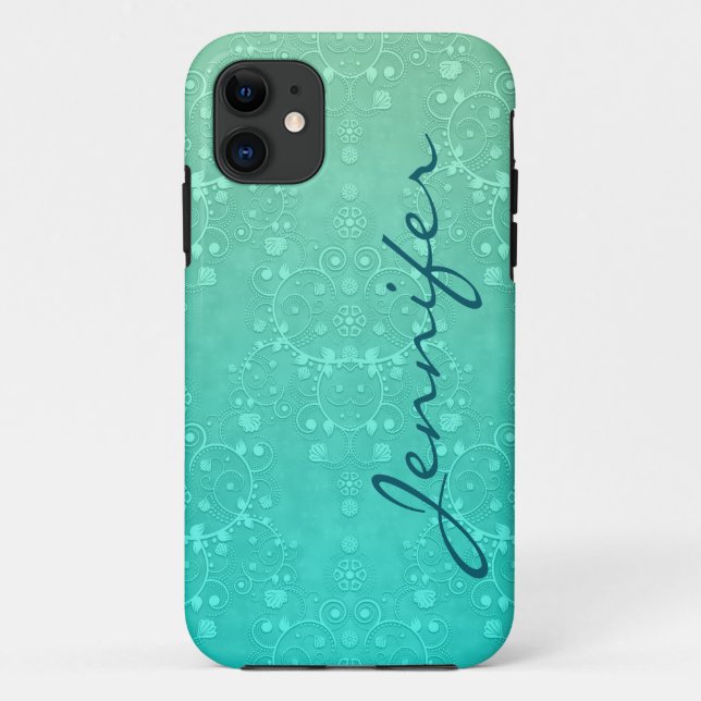 Funda De Case-Mate Para iPhone Aquamarine Fancy Damask Turquoise Arte Personaliza (Reverso)