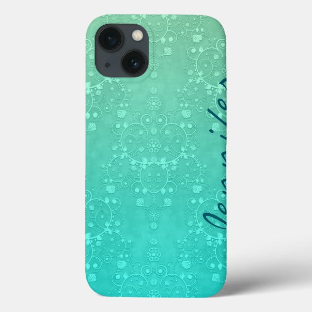 Funda De Case-Mate Para iPhone Aquamarine Fancy Damask Turquoise Arte Personaliza (Reverso)