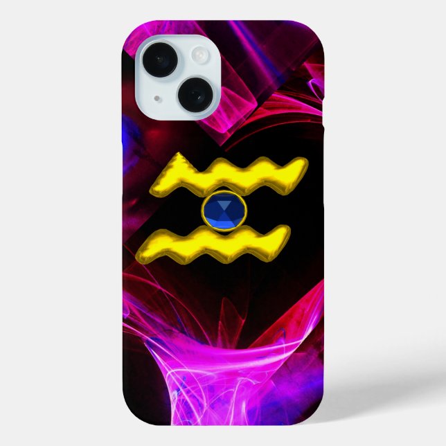 Funda De Case-Mate Para iPhone AQUARIUS GOLD ZODIAC RÓTULO Fractales Púrpura Azul (Reverso )