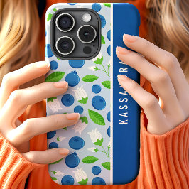 Funda Para iPhone 15 Arándano Floral Azul Nombre Personalizado