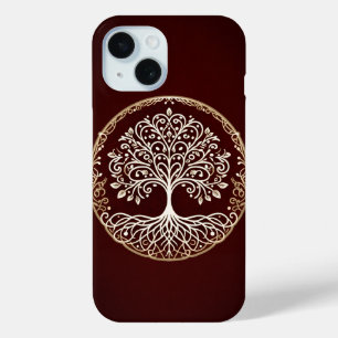 Funda Para iPhone 15 Árbol de la Vida Rústico Rojo Oscuro Celta