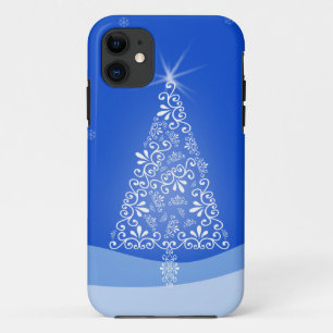 Funda Para iPhone 11 Árbol de Navidad Azul Blanco Alegre Luces Nocturna