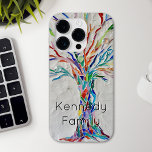 Funda Para iPhone 15 Pro Max Árbol de nombres personalizado<br><div class="desc">Celebra a tu familia con este llamativo estuche de teléfono. Está decorado con un mosaico original. Cuenta con un árbol de pequeños trozos de vidrio de color colocado en un fondo gris pálido. Personalizar cambiando el nombre a el de su familia. Diseño original de mosaico © Michele Davies.</div>